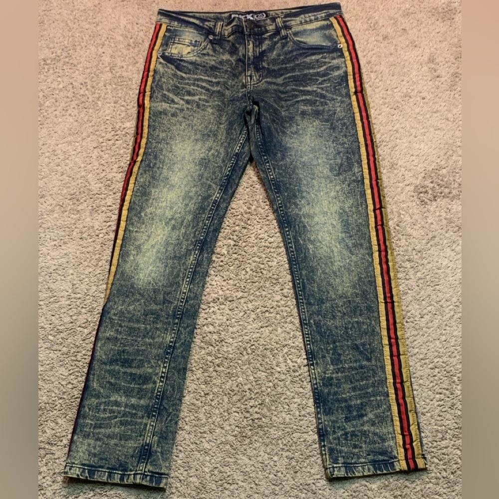 Stylish Blue Jeans with Red and Yellow Stripes